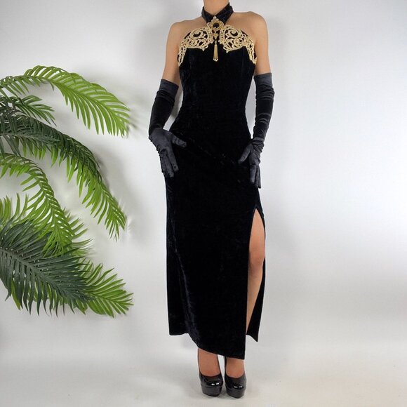 Vintage 90s Black Velvet Whimsygoth Romantic Gothic Halter Evening Prom Dress /6 - Picture 11 of 12